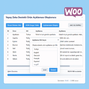 Toplu Ürün Açıklaması Oluşturma Yazılımı – 8 Dilde, SEO Uyumlu, Yapay Zeka Destekli